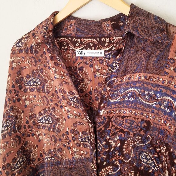 Zara Patchwork Shirt Blouse Top M Oversized Paisley Boho Brown Semi Sheer Collar - Picture 7 of 16